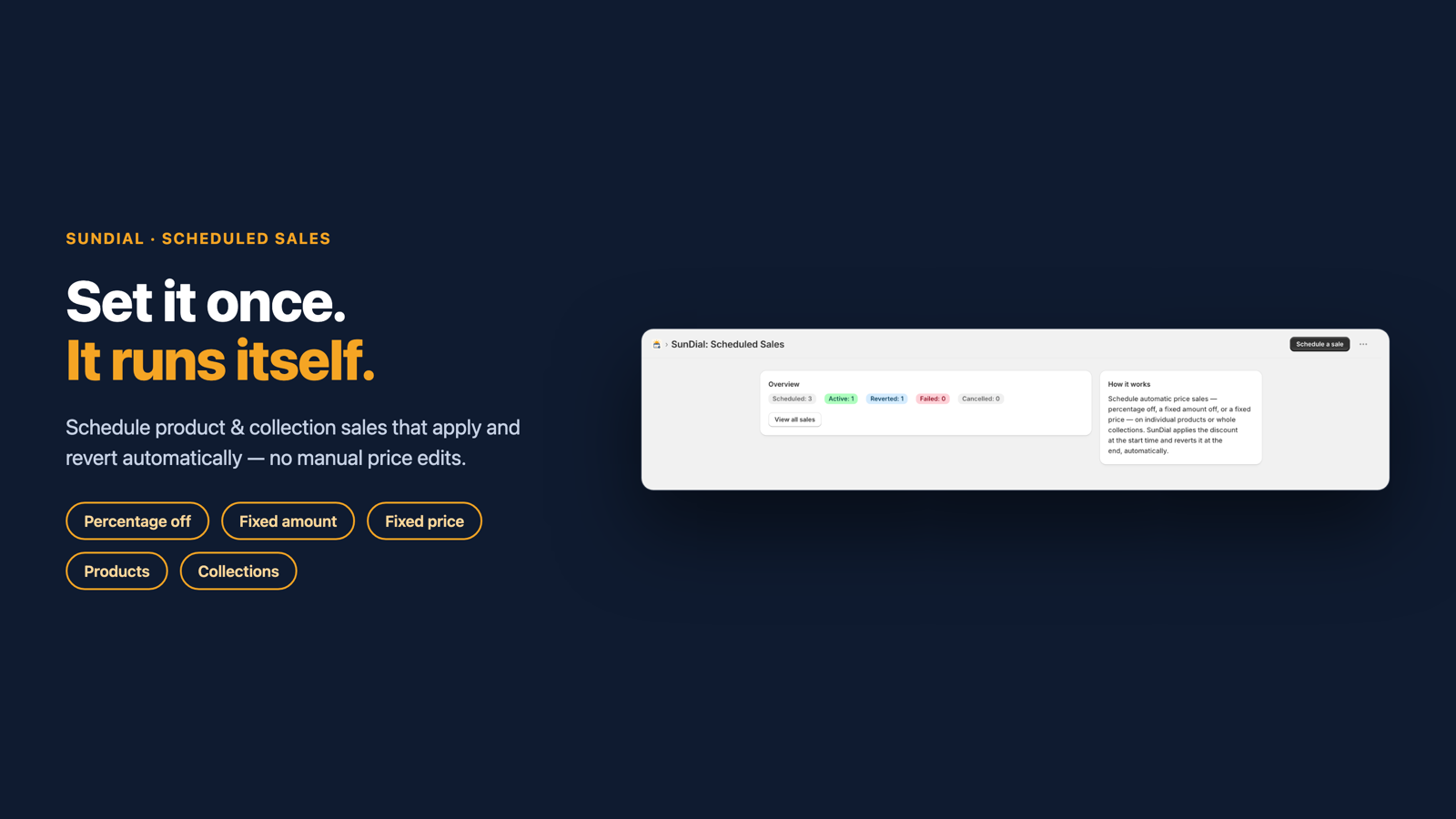 Scheduling a sale inside SunDial in the Shopify admin